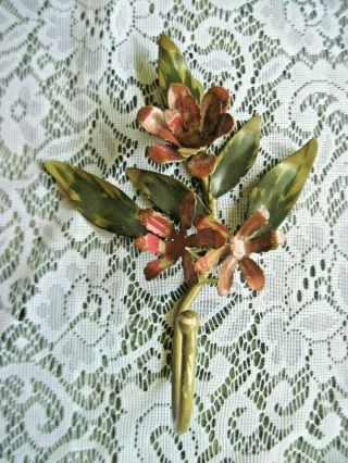 Vintage Italian Tole Metal Flower Hook W/3 Red Flowers/green Leaves