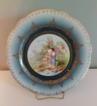 Antique Hand Painted Plate.  Imperial Crown China,  Austria.  Blue And Gold