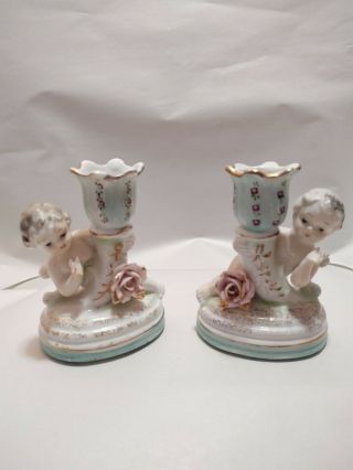 Vintage Chase Porcelain Cherub Candlestick Holders Pair W/floral & Gold 4.  5 " T
