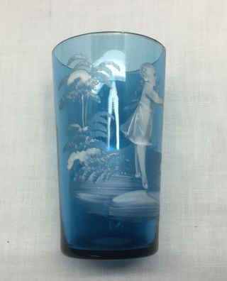 Antique Mary Gregory Turquoise Glass Tumbler - Hand Painted Girl In Garden,  3.  75”