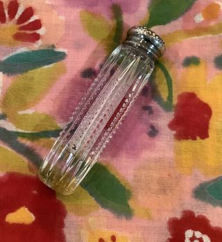 Antique Cut Glass Perfume / Scent Bottle With Sterling Lid - 3”