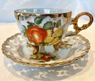 Vintage Classica 22 Carat Gold Gilt Fruit Design Footed Tea Cup & Saucer Lattice