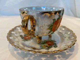 Vintage Classica 22 Carat Gold Gilt Fruit Design Footed Tea Cup & Saucer Lattice 2