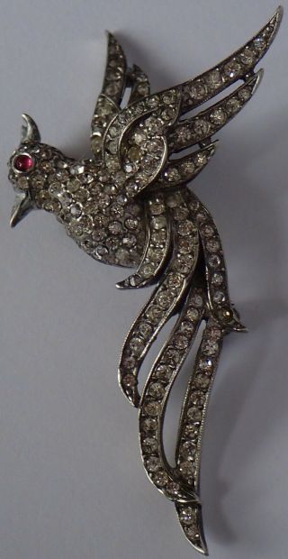 Vintage Trifari Sterling Silver Ruby Crystal Rhinestone Bird Brooch