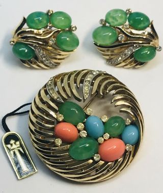 Vintage Crown Trifari Jewels Of India Turquoise,  Jade & Coral Rhinestone Pin Set