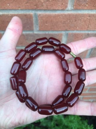 Good Vintage Phenolic Cherry Amber Bakelite Faturan Barrel Bead Necklace Marbled