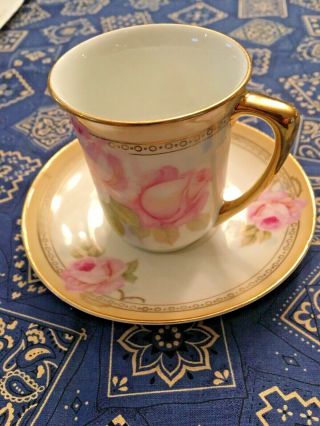 Vintage Prussia Bone China Demitasse Cup And Saucer With Gold Trim Hand Painted