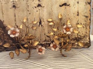 Vintage Italian Painted Gold Gilt Metal Mid - Century Wall Sconces Flower Tree Pr.