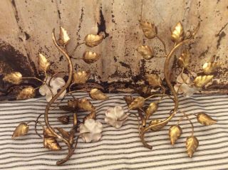 Vintage ITALIAN Painted Gold Gilt Metal Mid - Century WALL SCONCES Flower Tree Pr. 3
