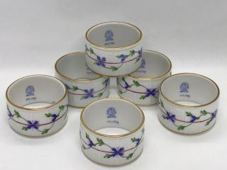 Fab Rare Vtg Set Of 6 Herend 276 Porcelain Gilded Floral Napkin Rings