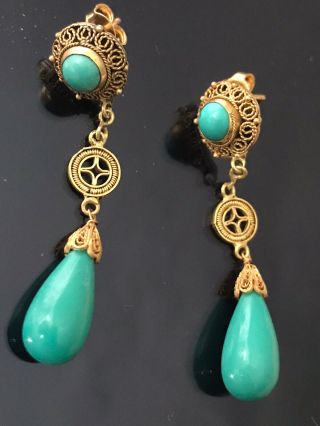 5g Antique Art Deco Chinese Filigree Carved Turquoise Tear Drop Dangle Earrings