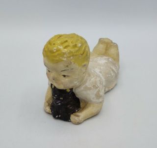 Vintage Hand Painted Chalkware Piano Baby With Black Cat Figurine