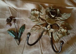 Vintage Metal Tole Flower Hooks Wall Hanger Shabby Chic