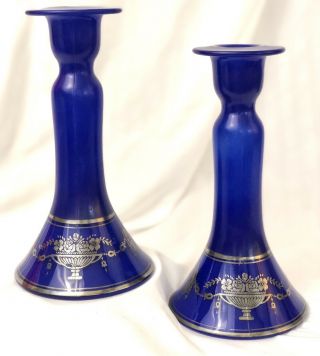 Vintage Cobalt Blue Glass Candle Holders W/ Silver Overlay
