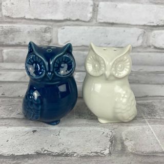 Set Of 2 Sitting Owls Salt And Pepper Shakers Blue White