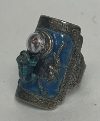 Vintage Chinese Silver Enamel Frog Compass Adjustable Ring