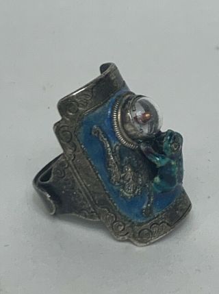 Vintage Chinese Silver Enamel Frog Compass Adjustable Ring 3