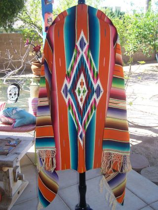 Rare Vintage Mexican Saltillo Serape Wool Textile Blanket Knotted Fringe 40 - 50 