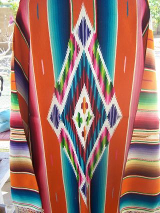 RARE Vintage Mexican Saltillo Serape Wool Textile Blanket Knotted Fringe 40 - 50 ' s 2
