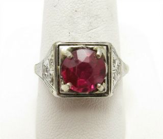 Antique 18k White Gold Ruby & Diamond Accent Filigree Detail Ring Size 8