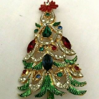 Estate Vintage Hattie Carnegie Christmas Tree Brooch Pin Enamel Crystals P27