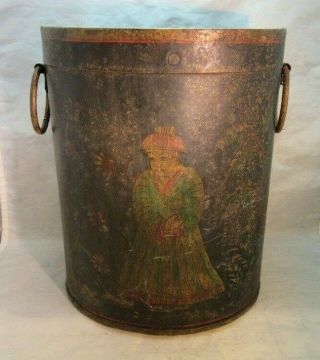 Antique Chinese Hand Painted Metal Tole Trash Can Or Bucket