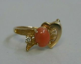 Vintage 14k Yellow Gold Pink Coral & Diamond Ring - Size 6.  25 - Heart Design