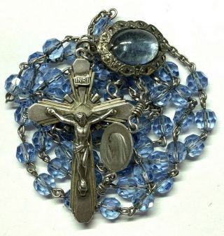 † Vintage Sterling Bubble Style Immaculate Pendant & Blue Glass Rosary 27 1/2 " †