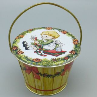 Vintage Enesco Country Cousins Christmas Tin Box Container Pail Shape 1984 2.  5 "