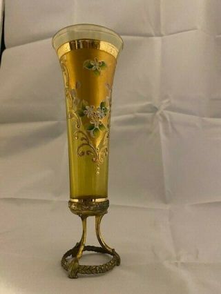 French Bohemian Antique Amber Glass Vase Enamel W/ Gold Gilt Ormolu Base