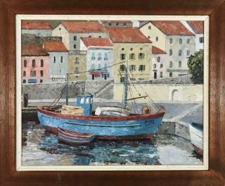 Vintage 1970 French Harbor Scene Framed Oil Painting On Canvas Signed By Artist