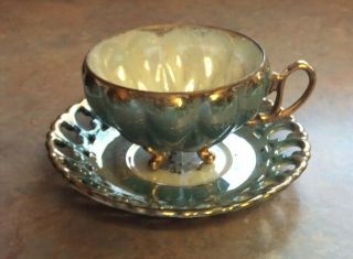 Vintage Royal Sealy Iridescent Turquoise 3 Footed Teacup And Saucer