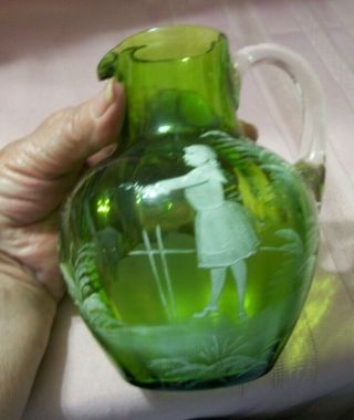 Antique Mary Gregory Enameled Child In A Garden Scene 6 " Green Pitcher