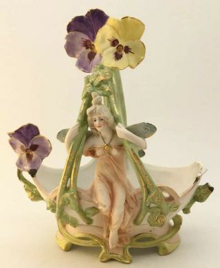 Art Nouveau Antique German Porcelain Vase Planter Lady Fairy Broken