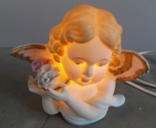 Antique Vintage Ceramic Cherub Angel Light Decor 4 X 5 " Plug In Lighted Tabletop