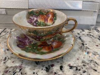Royal Sealy Tea Cup And Saucer Orchard Fruits Pattern Black Teacup Japan