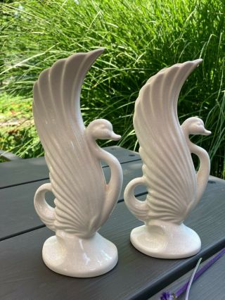 Vintage Art Deco White Swan Porcelain Vase Set