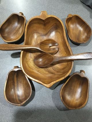Vintage Leilani Monkey Pod Wood Salad Bowl With 4 Small Bowls And Utensils