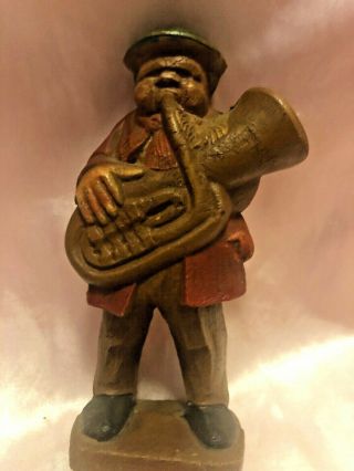 Vintage Hand Carved Wood Black Folk Art Man Playing The Tuba 6 " T