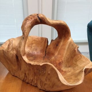 Hand Carved Knobby Burl Root Wood Handled Display Basket Bowl Rustic