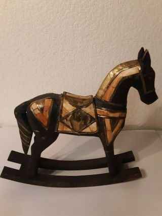 Antique Hand Carved Wooden Rocking Horse Hammered Copper Brass Inlay