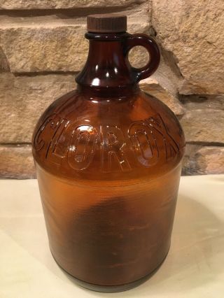 Vintage Amber Brown Embossed Glass Clorox Gallon Jug With Lid