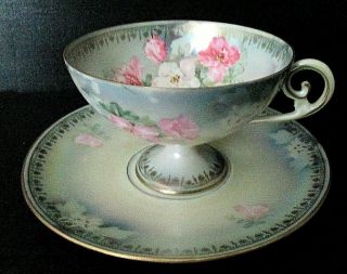 Antique R.  S.  Prussia Hand Painted Embossed Porcelain Tea Cup & Saucer,  Roses