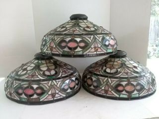 3 Vintage 16 5/8 " Tiffany Style Multi - Color Stained Glass Lamp Shades
