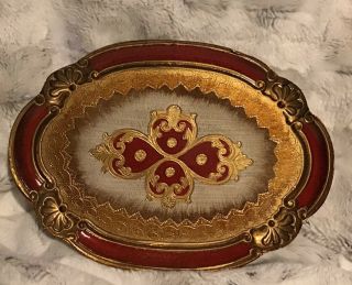 Vintage Wood Carved Florentine Tray Oval Red And Gold Made In Italy 12”x 8 3/4”