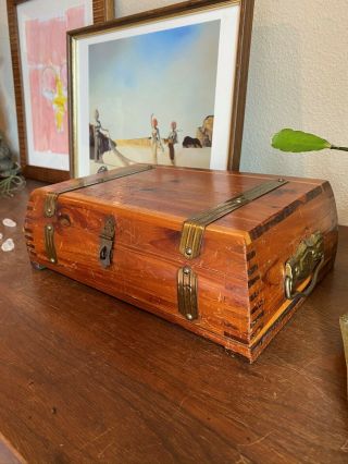Vintage Wooden Jewelry Box With Brass Details & Pink Interior | Decor