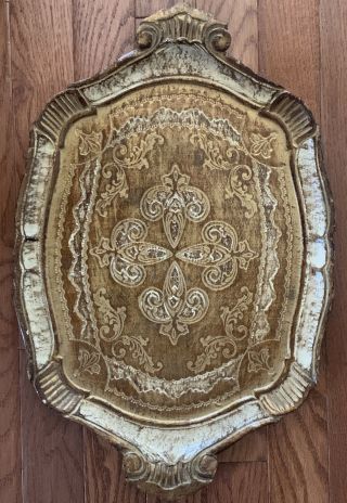 Vintage Florentine Italian Gold Gilt Tole Wood Handled Tray Platter 17.  5”x 11.  5”