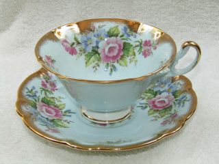 Vintage 1850 E B Foley Baby Blue & Gold Floral Tea Cup & Saucer