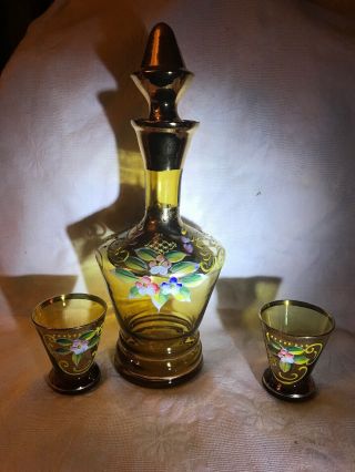 Bohemian Czech Moser Style Amber Gold Enamel Decanter & 2 Glasses Flowers
