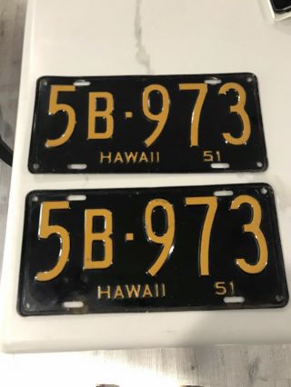 Vintage Pair 1951 Hawaii License Plate Htf Rare Tag Paint 1950s Antique